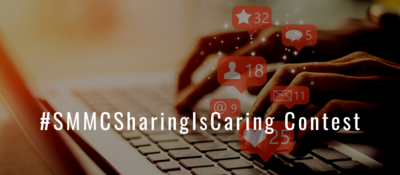 Keyboard and hands with images of social media icons placed above keyboard with text: #SMMCSharingIsCaring Contest