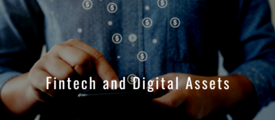 Fintech and Digital Assets text on image of hands holding phone with money signs above it