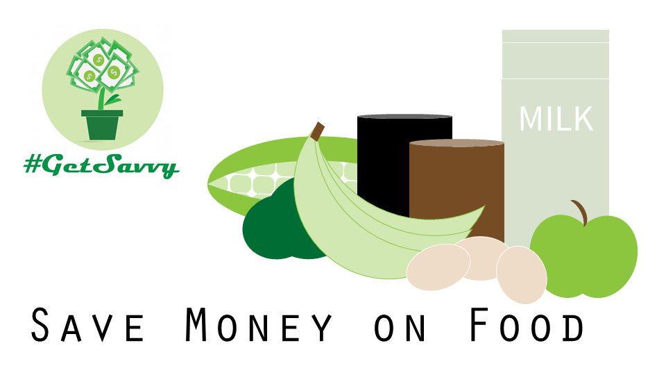 Title slide for How to Save Money on Food with icons of groceries like milk, corn, cans, eggs, etc.