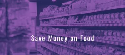 Title slide for How to Save Money on Food with icons of groceries like milk, corn, cans, eggs, etc.