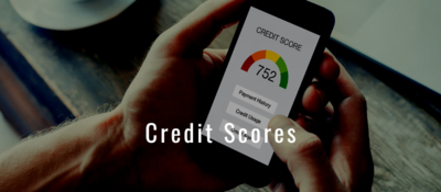 phone with credit score on screen & "Credit Scores" text