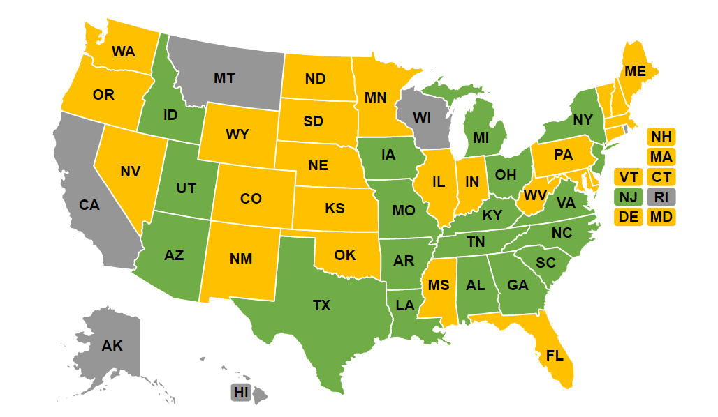 Map of US with color-coded states for levels of financial literacy standards in K-12