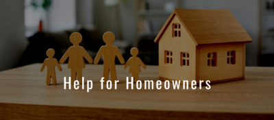 Image of wooden family figurines and house with text "Help for Homeowners"