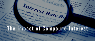 Magnifying glass over newspaper focusing on Interest Rates with white text that reads "The Impact of Compound Interest"