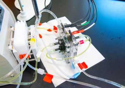 The device created by researchers at the University of Illinois Urbana-Champaign to complete their redox-inspired electrodialysis method for water purification.
