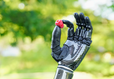a bionic hand lightly holds a raspberry
