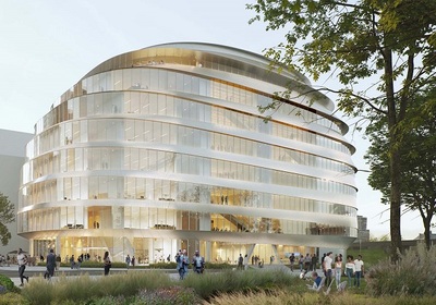 Design rendering of eight-story glass building