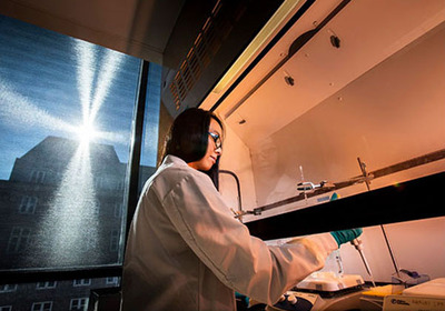 Scientist in lab coat works with samples in a lab. Academic building visible through light-filled window.