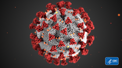 red spiky ball rendering of COVID molecule