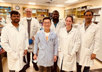 University of Illinois College of Medicine Peoria research team members are (from left) Dr. Krishna Kumar Veeravalli, Dr. Casimir Fornal, Dr. Billy Wang, M.D. student Vinay Sama, M.D. student Claire Schaibley, and Dr. Sivareddy Challa