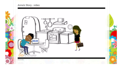 Animated sad Black woman with briefcase walks into kitchen where sad Black man is sitting looking at a job site on computer