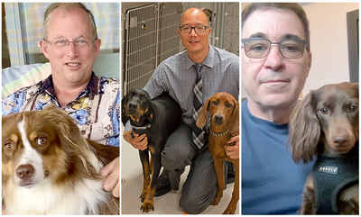 three photo compliation of dogs, owners, and Dr. Fan