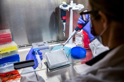 close up of covid test processing in lab