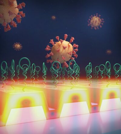 graphic illustration of biosensor and covid molecule